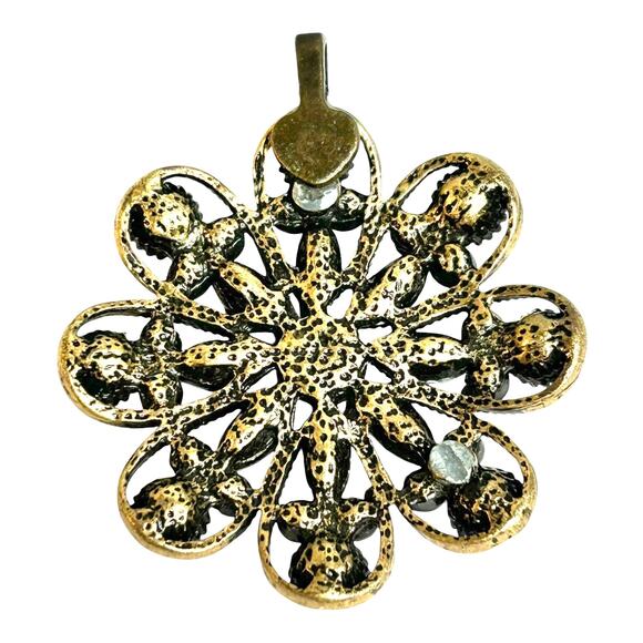 Orange and Amber Tones Ornate Round Brass Gold Tone Pendant - Picture 2 of 4